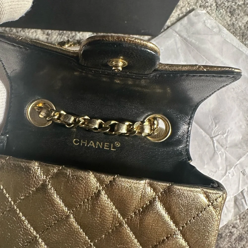 CHANEL Vintage Leather Classic Flap Micro Bag Pouch in Gold - Picture 12 of 16